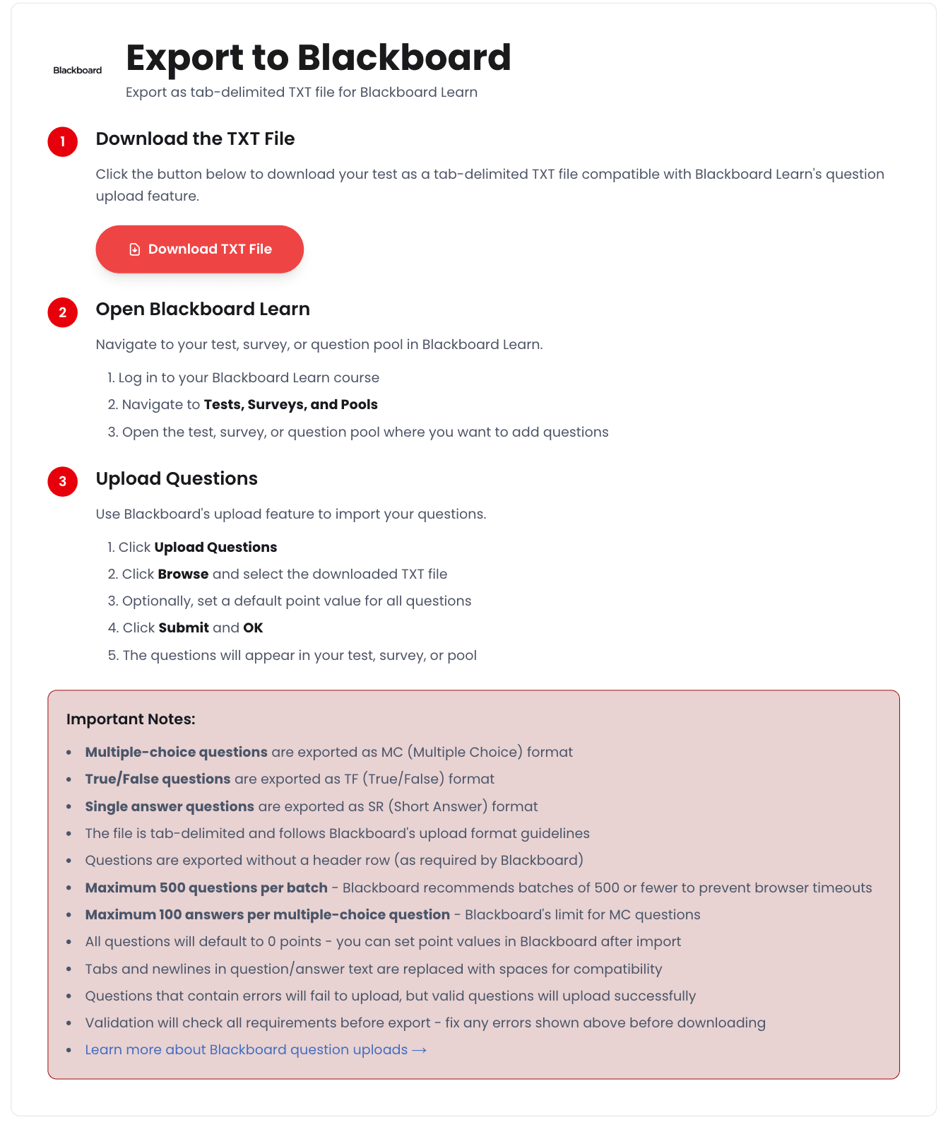 SimplTests export dropdown with Blackboard TXT option for uploading quiz questions into Blackboard Learn