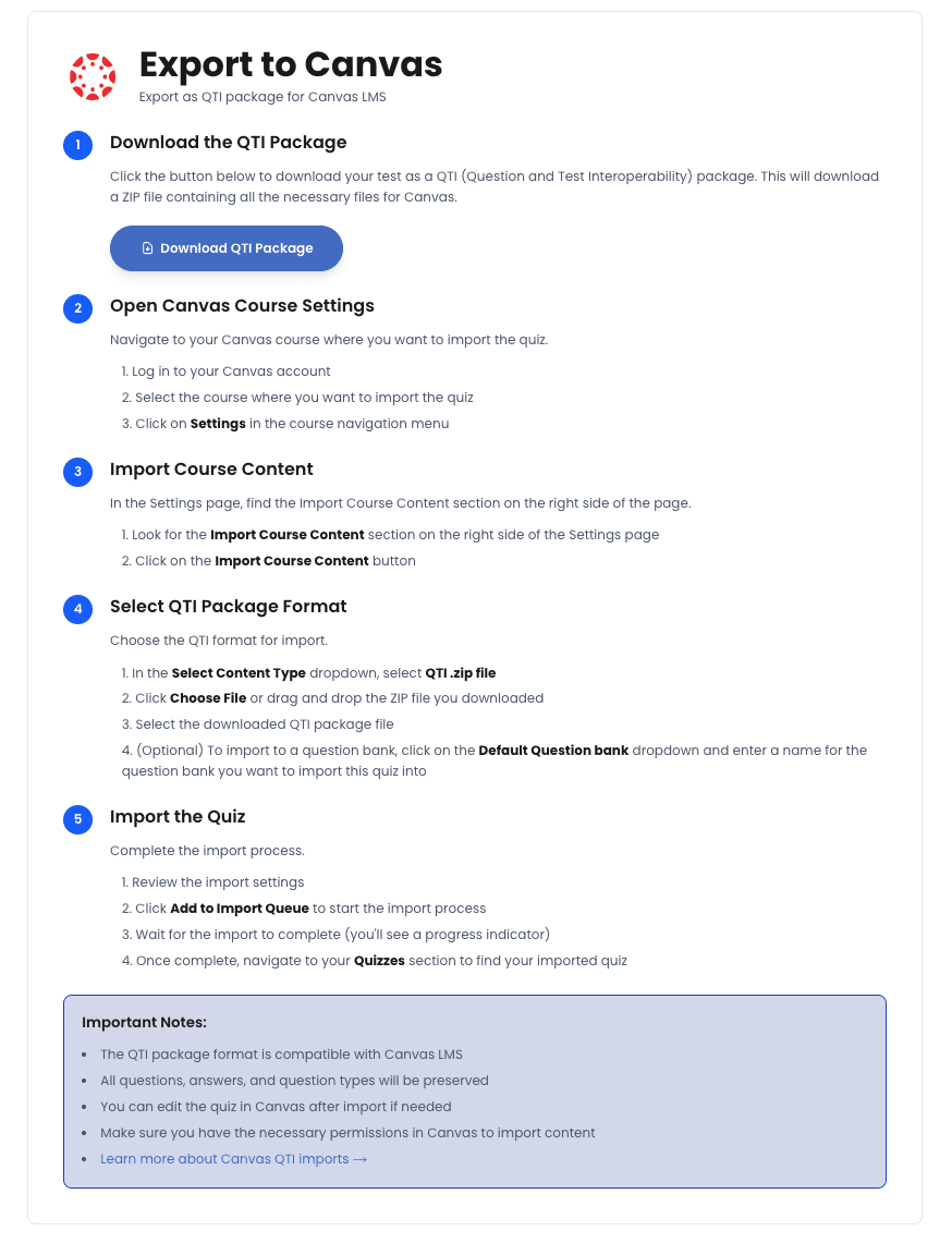SimplTests Canvas export flow showing QTI package import option for quiz questions in Canvas LMS