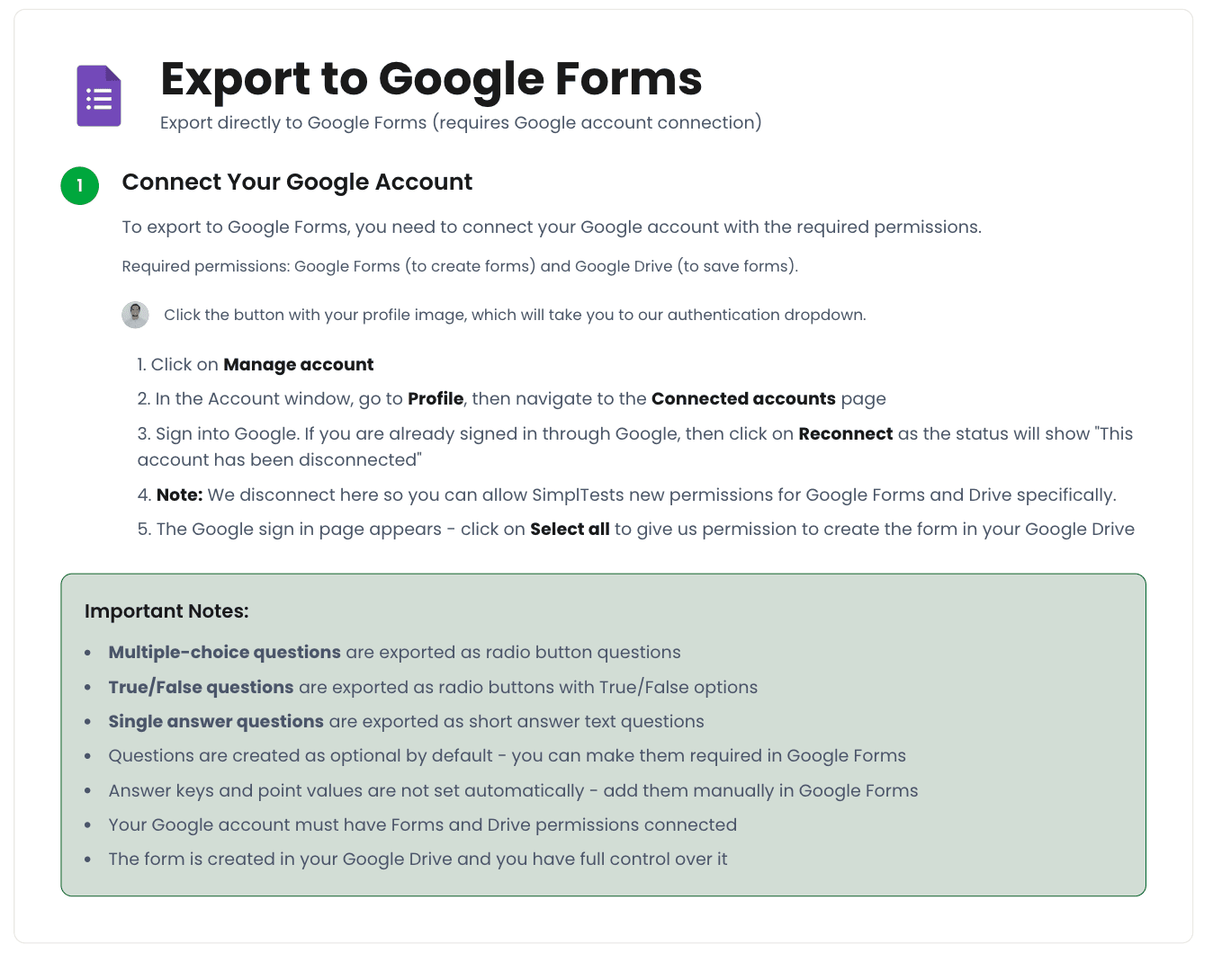 SimplTests Google account connection screen showing Forms and Drive permissions for quiz export to Google Forms