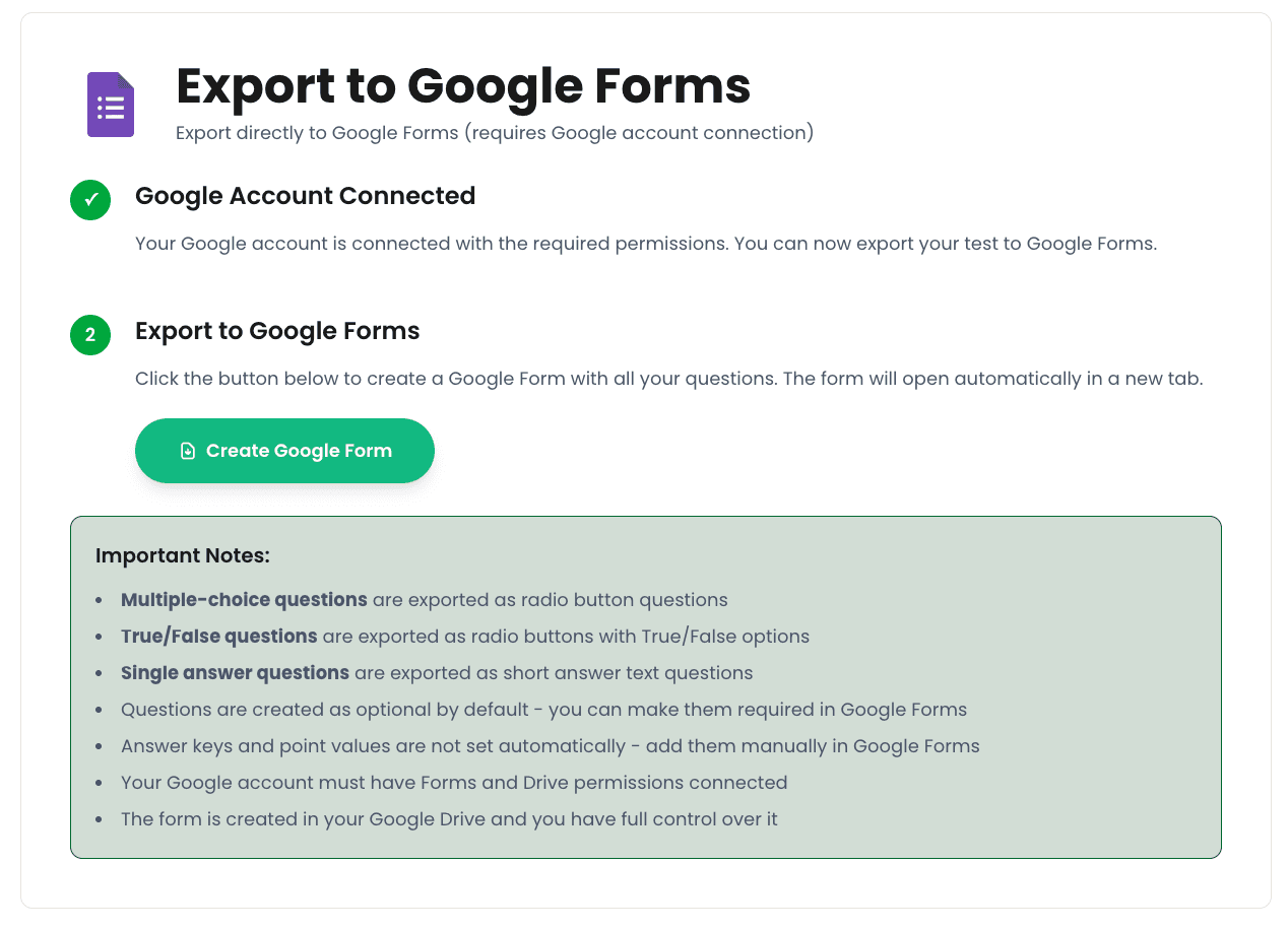 SimplTests export dropdown with Google Forms option selected, showing newly created quiz form with shareable link