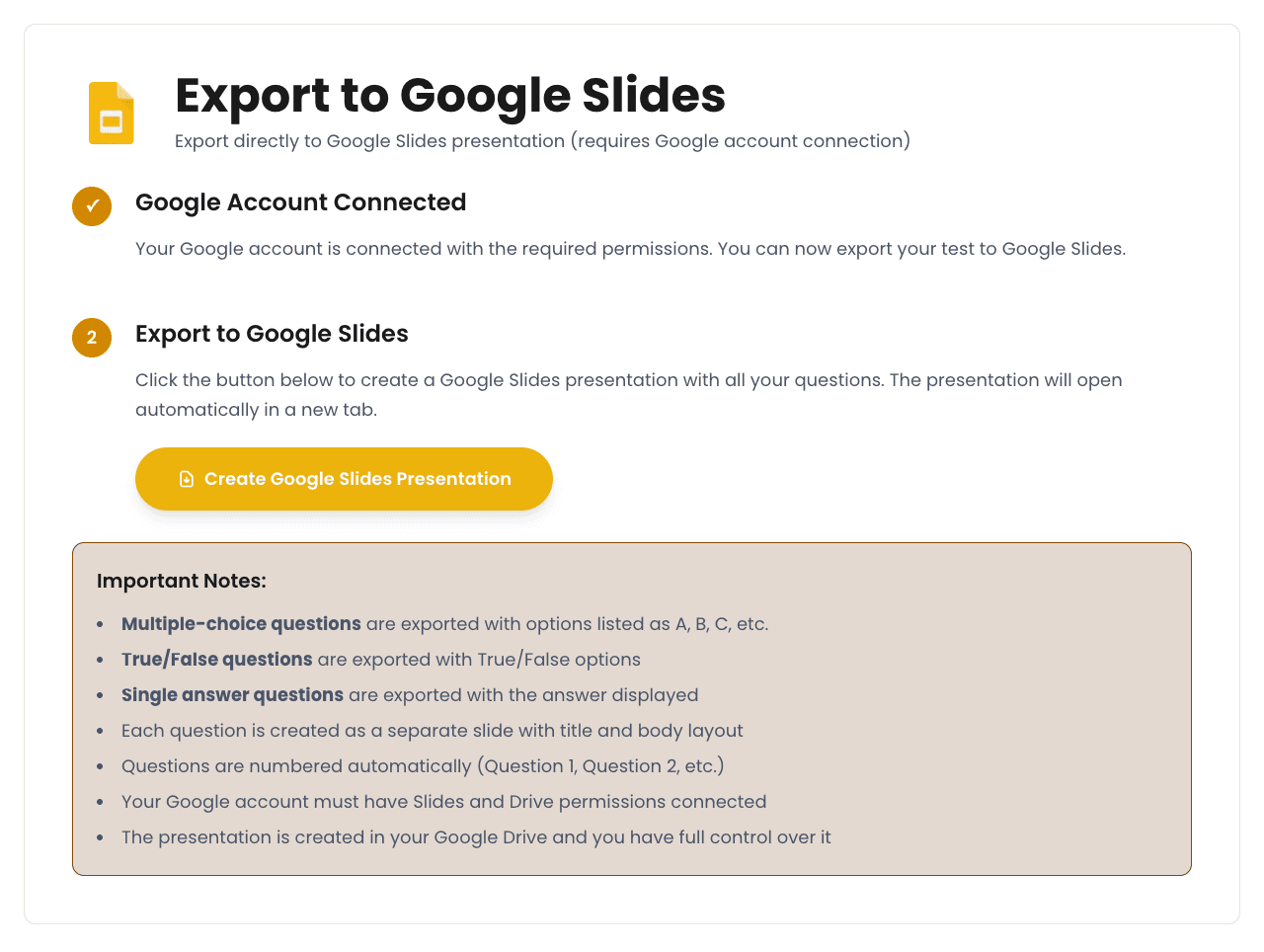 SimplTests export dropdown with Google Slides option selected, showing quiz questions as presentation slides