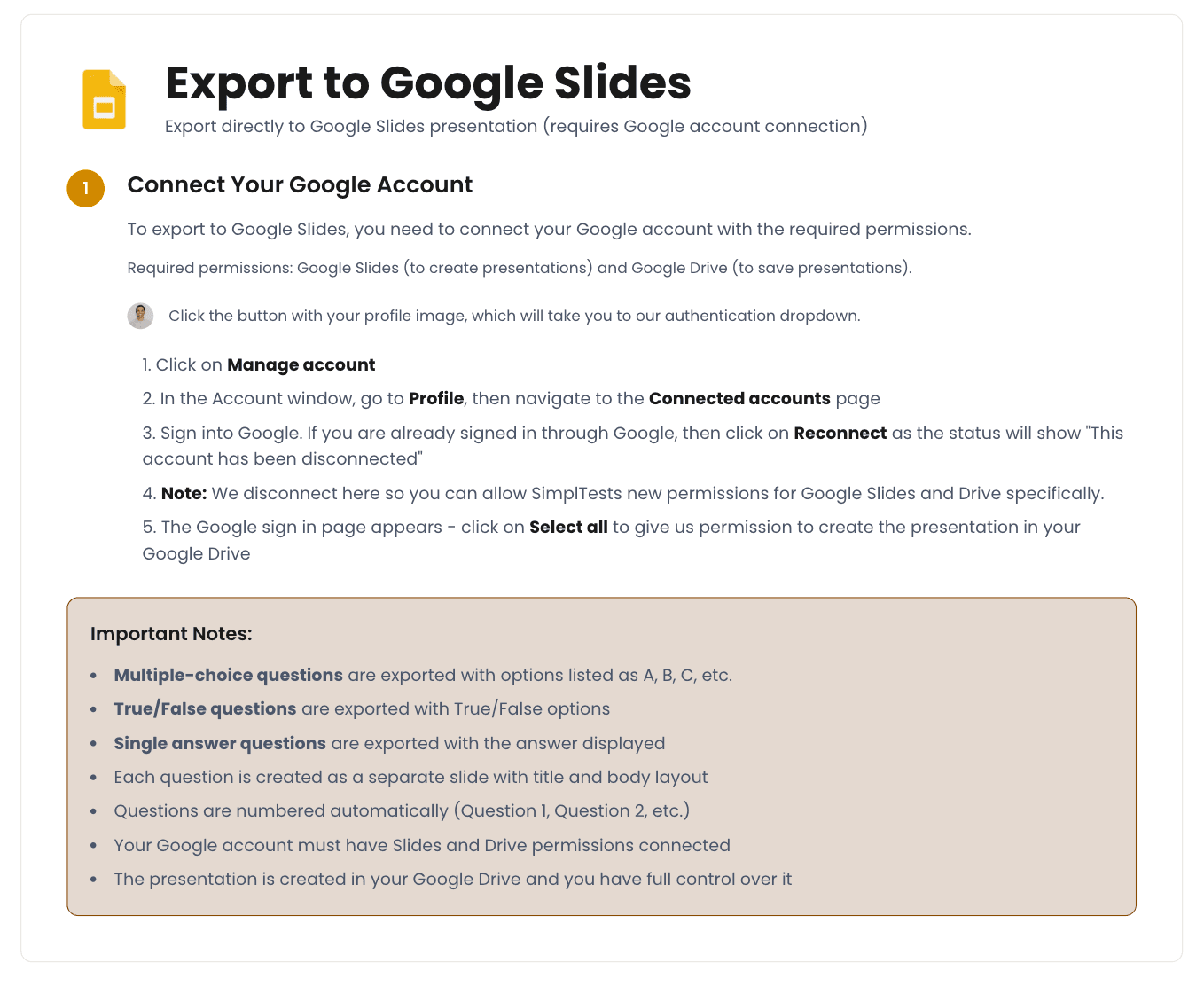 SimplTests Google account connection screen showing Slides and Drive permissions for quiz export to Google Slides