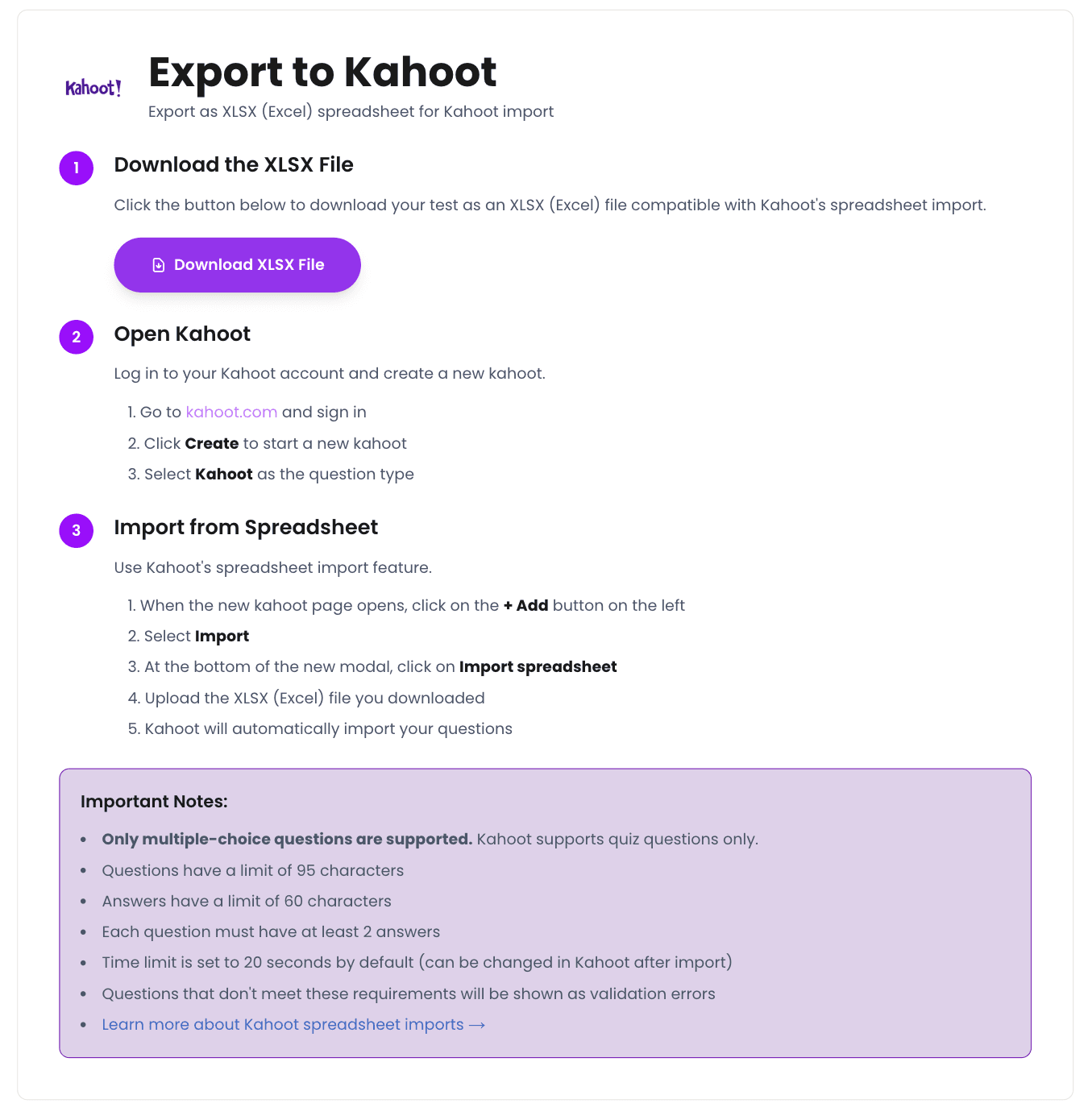 SimplTests export dropdown with Kahoot XLSX option selected for importing quiz questions into Kahoot