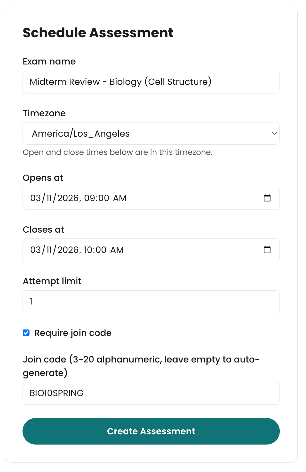 Schedule Assessment form showing exam name, timezone, open and close times, and join code options